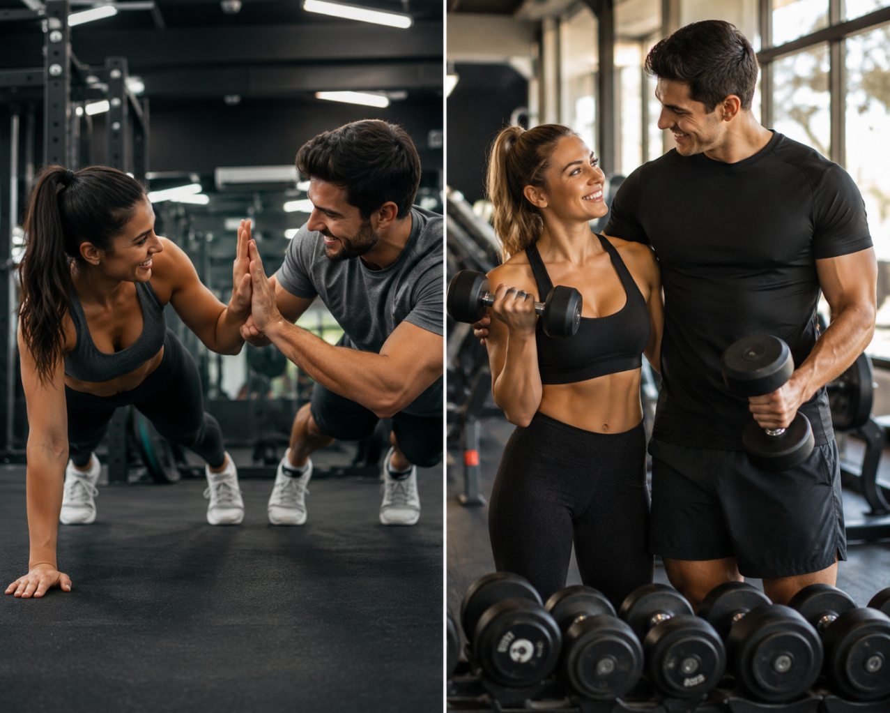 Two images of a man and woman exercising together in a gym setting.